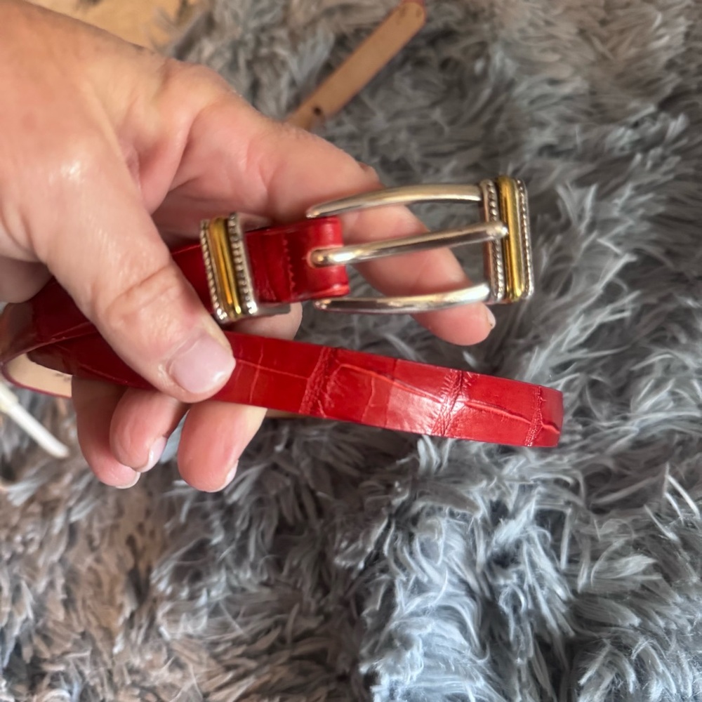 Brighton Red Crocodile Leather Belt with Silver and Gold tone Buckle. Size L/34